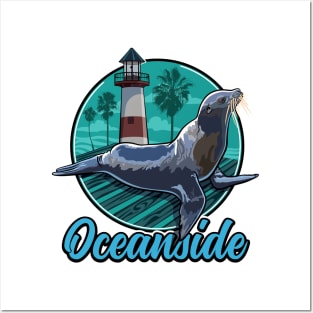 California Sea Lion at Oceanside with Palm trees and Lighthouse Posters and Art